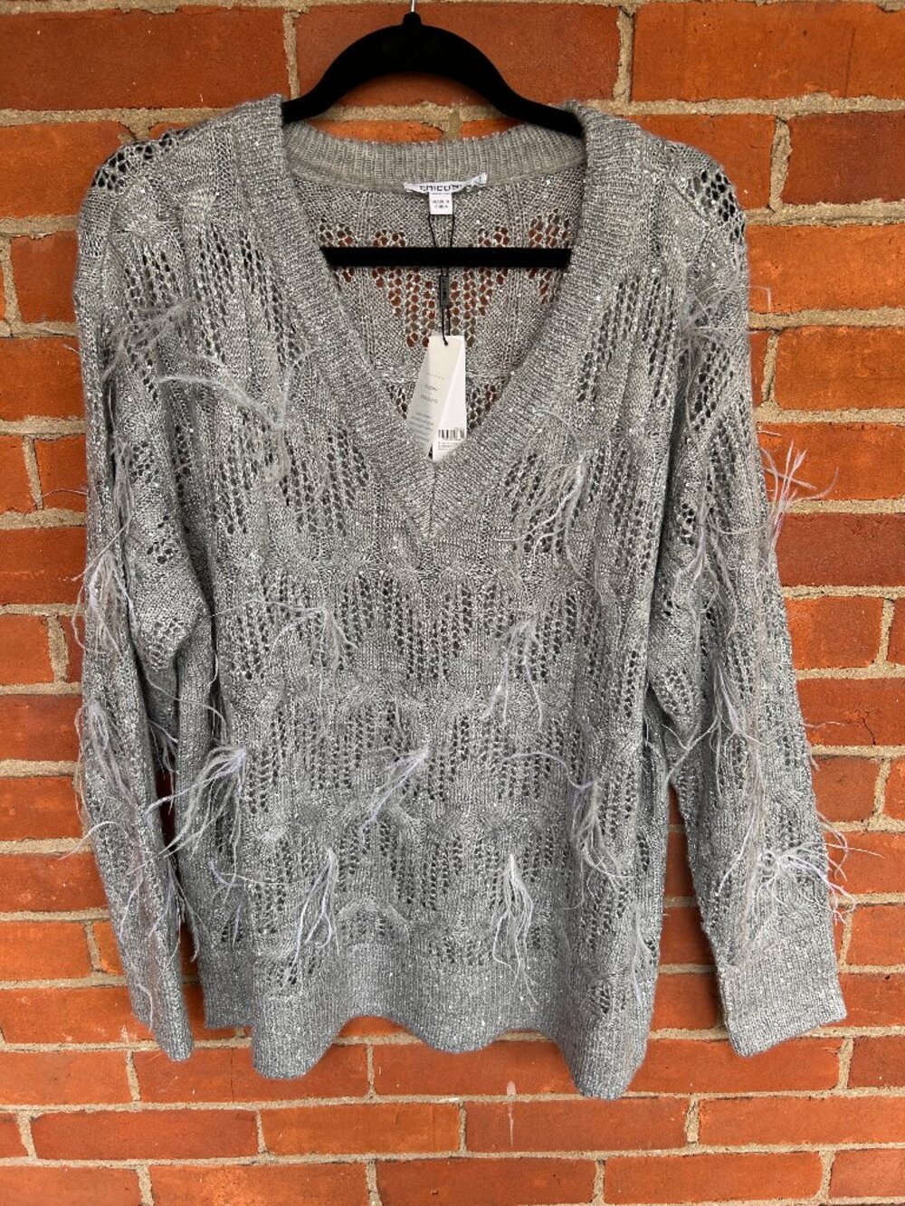 Chico's Feather Stitch Pullover Sweater Silver Grey Size 3 XL NWT $129